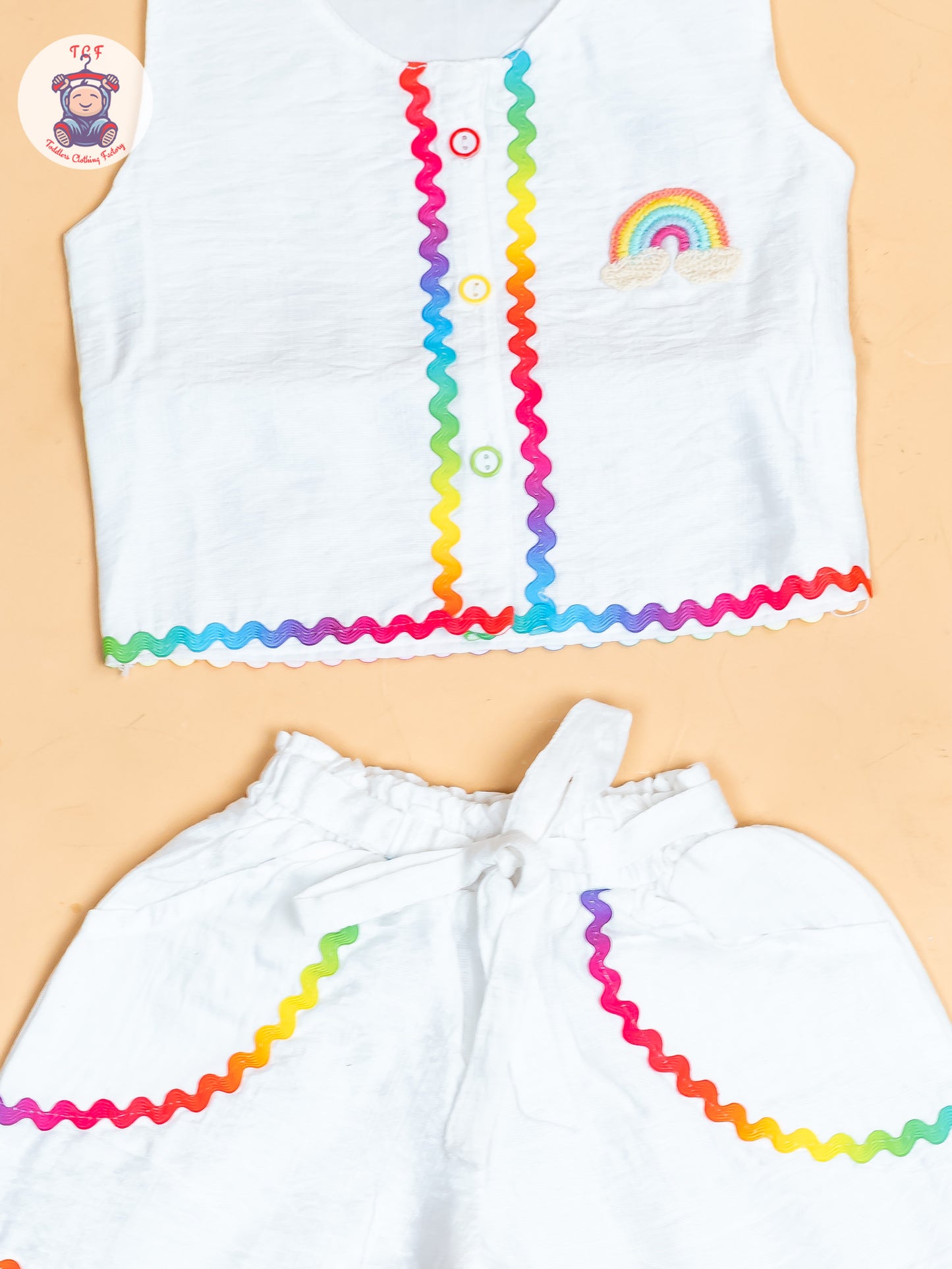 White  - Girls Raibow Printed  Top & Shorts