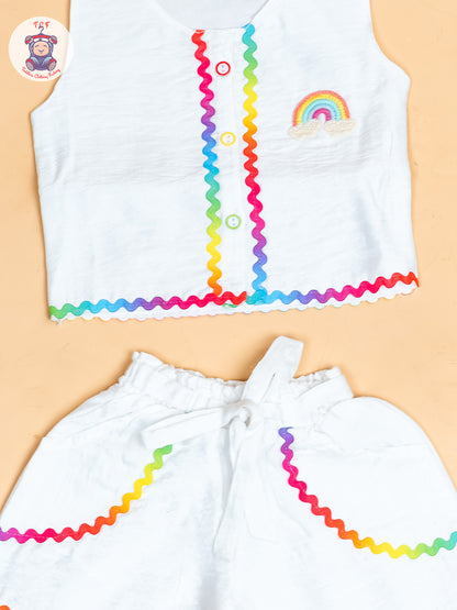 White  - Girls Raibow Printed  Top & Shorts