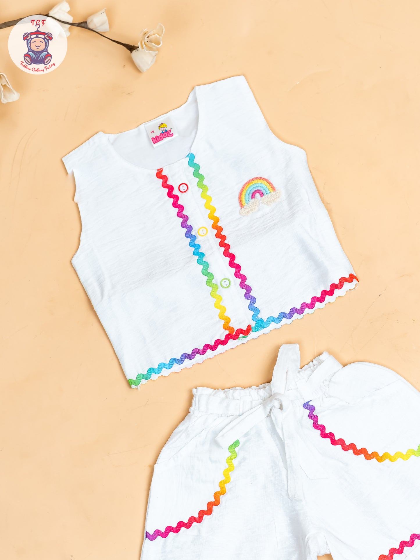 White  - Girls Raibow Printed  Top & Shorts