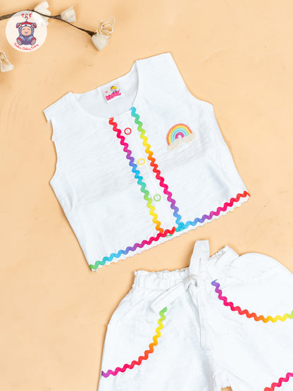 White  - Girls Raibow Printed  Top & Shorts