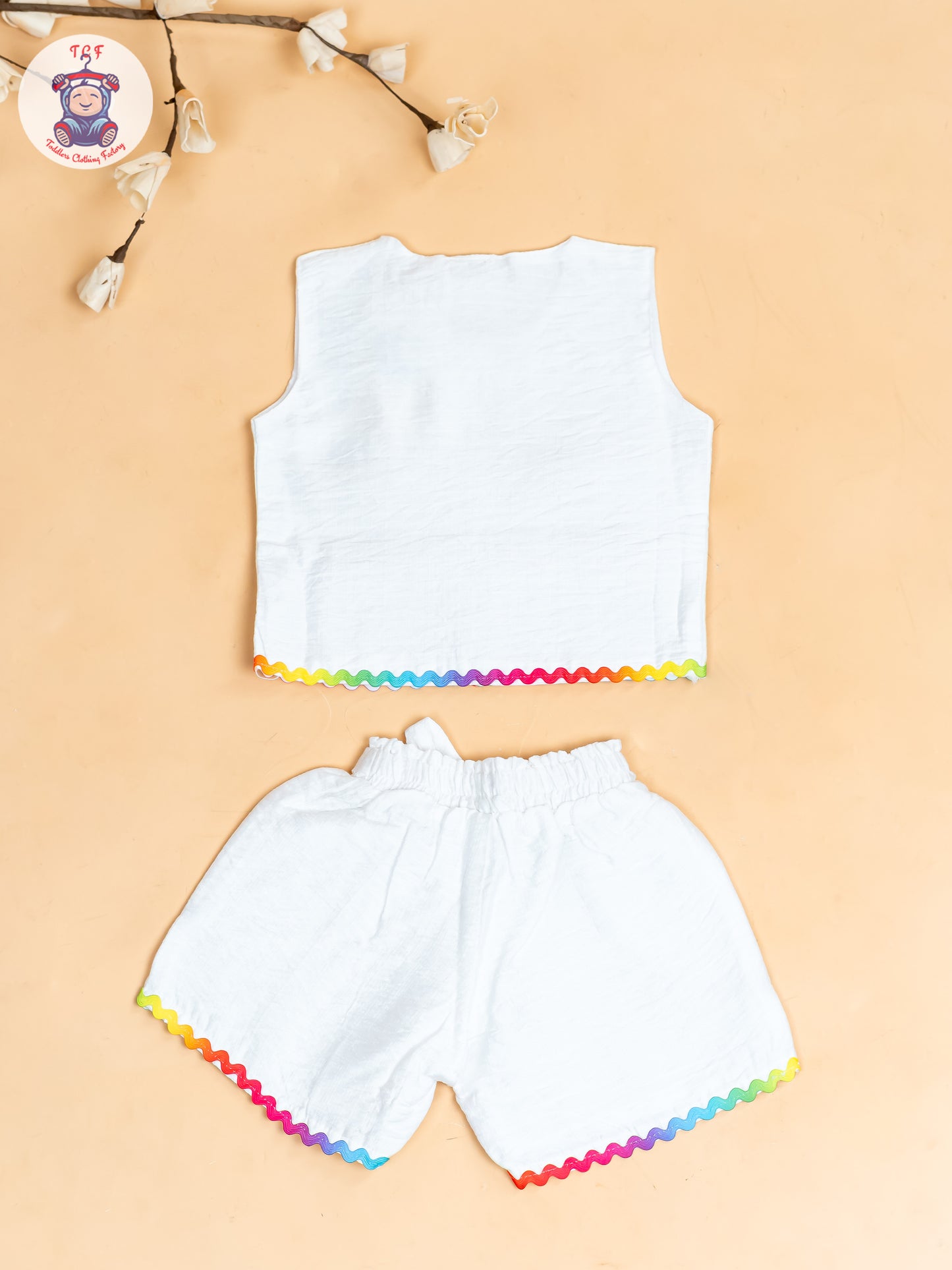 White  - Girls Raibow Printed  Top & Shorts
