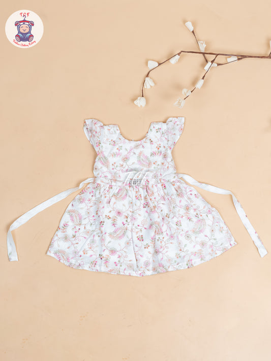 White Floral Printed - Girls Readymade Cotton Frocks