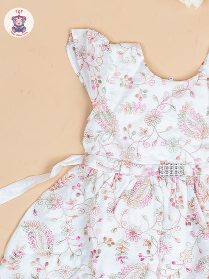 White Floral Printed - Girls Readymade Cotton Frocks