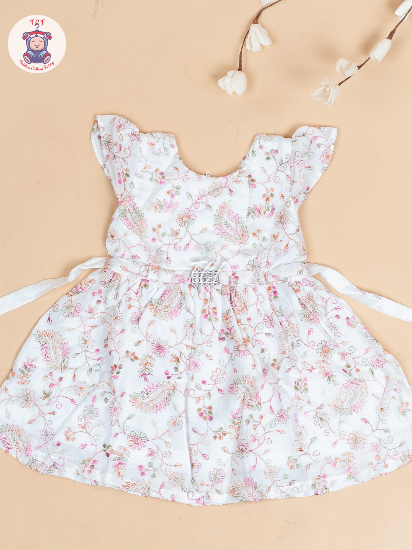 White Floral Printed - Girls Readymade Cotton Frocks
