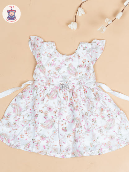 White Floral Printed - Girls Readymade Cotton Frocks
