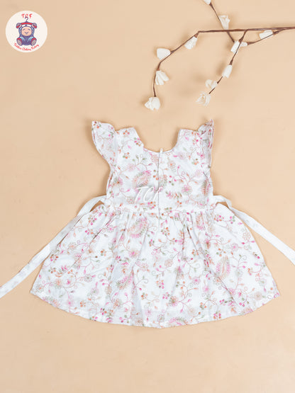 White Floral Printed - Girls Readymade Cotton Frocks