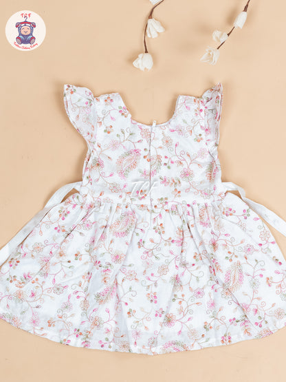 White Floral Printed - Girls Readymade Cotton Frocks