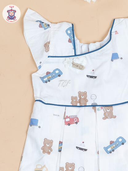 Cream Printed - Girls Readymade Cotton Frocks