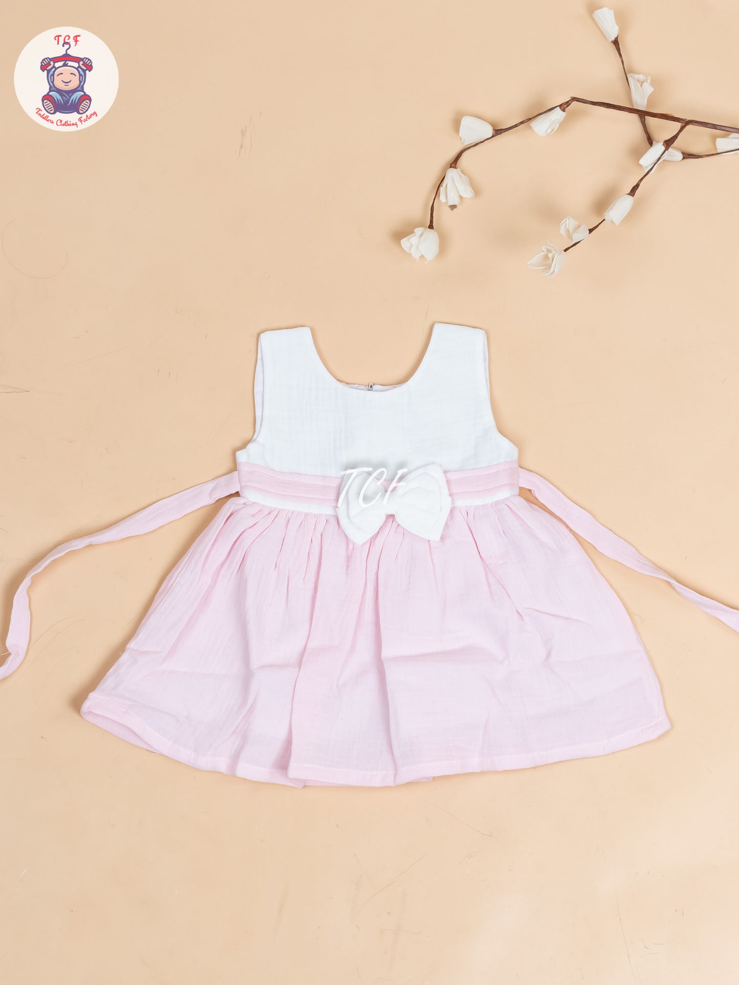 White & Light Pink - Girls Readymade Cotton Frocks