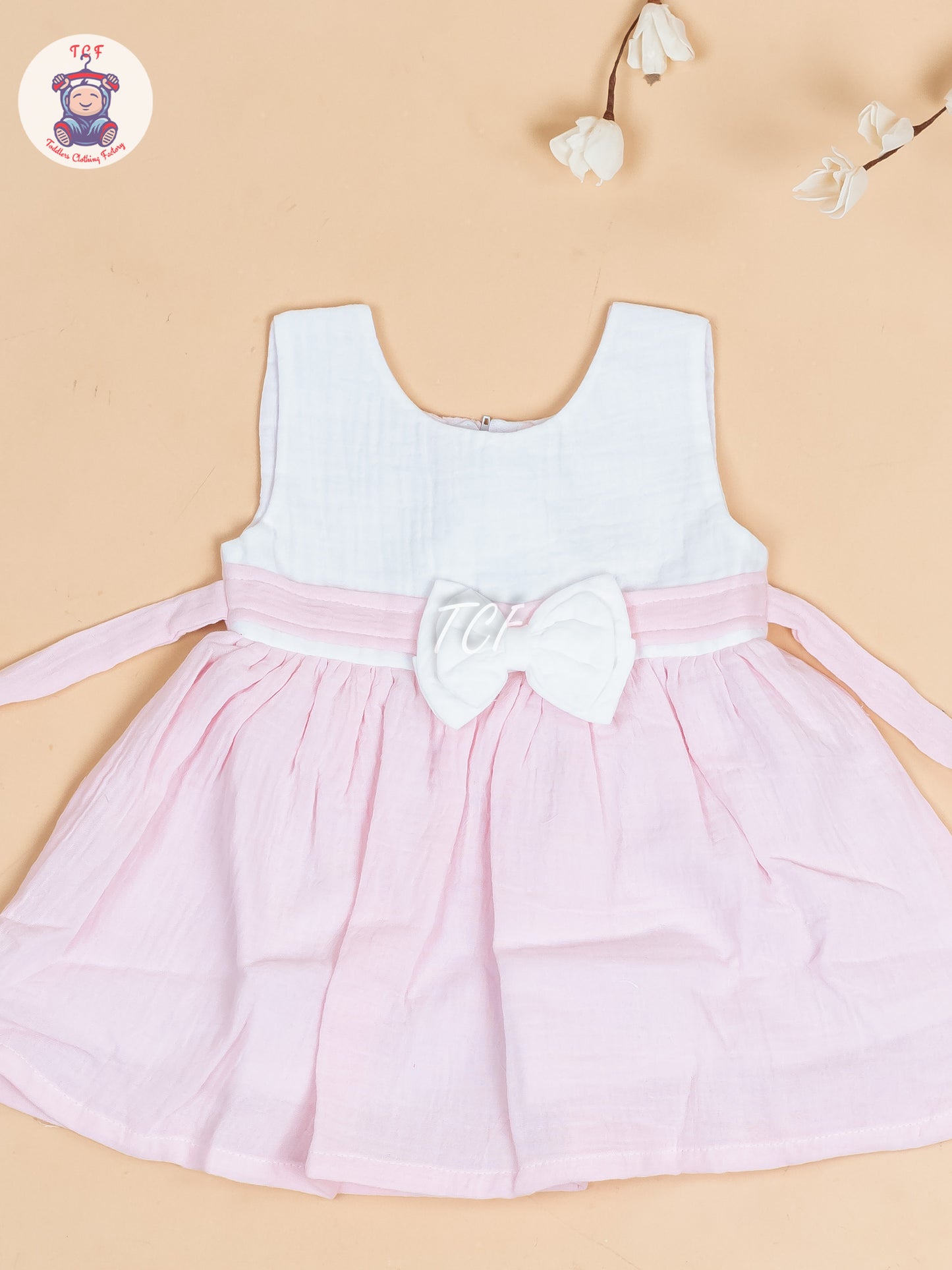 White & Light Pink - Girls Readymade Cotton Frocks