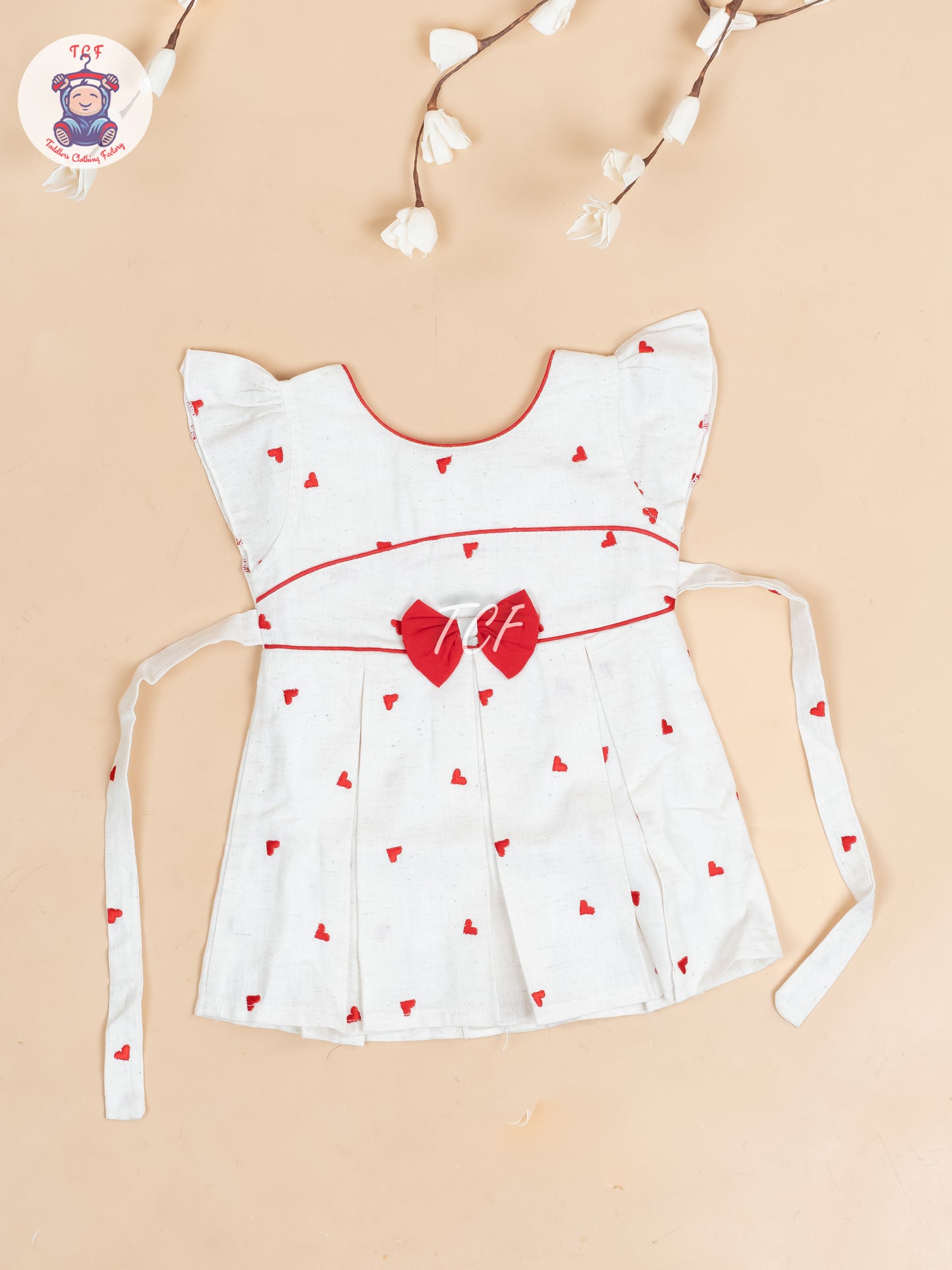 Cream & Red Embroidered - Girls Readymade Cotton Frocks
