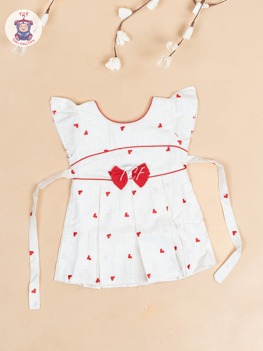 Cream & Red Embroidered - Girls Readymade Cotton Frocks