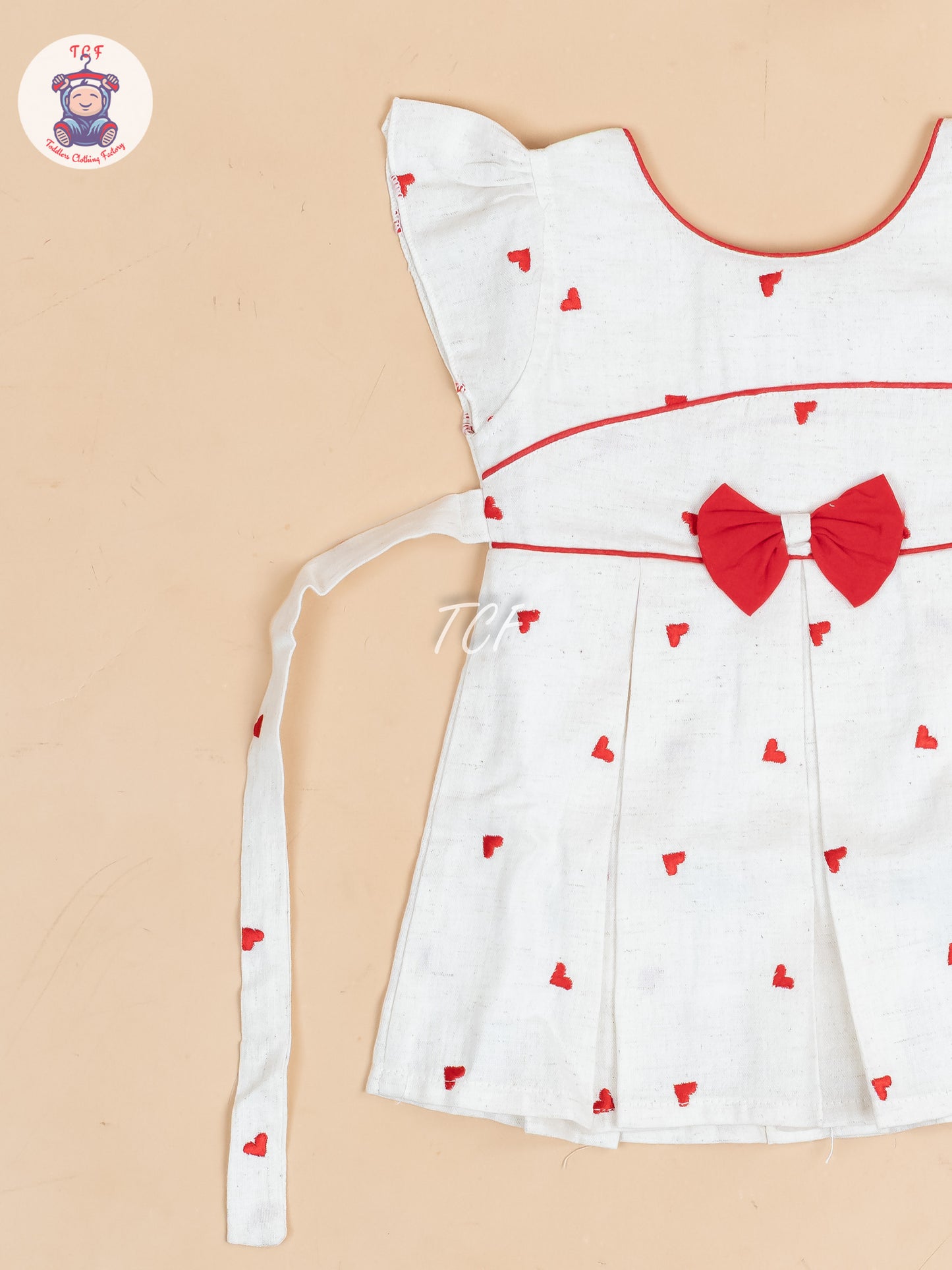 Cream & Red Embroidered - Girls Readymade Cotton Frocks