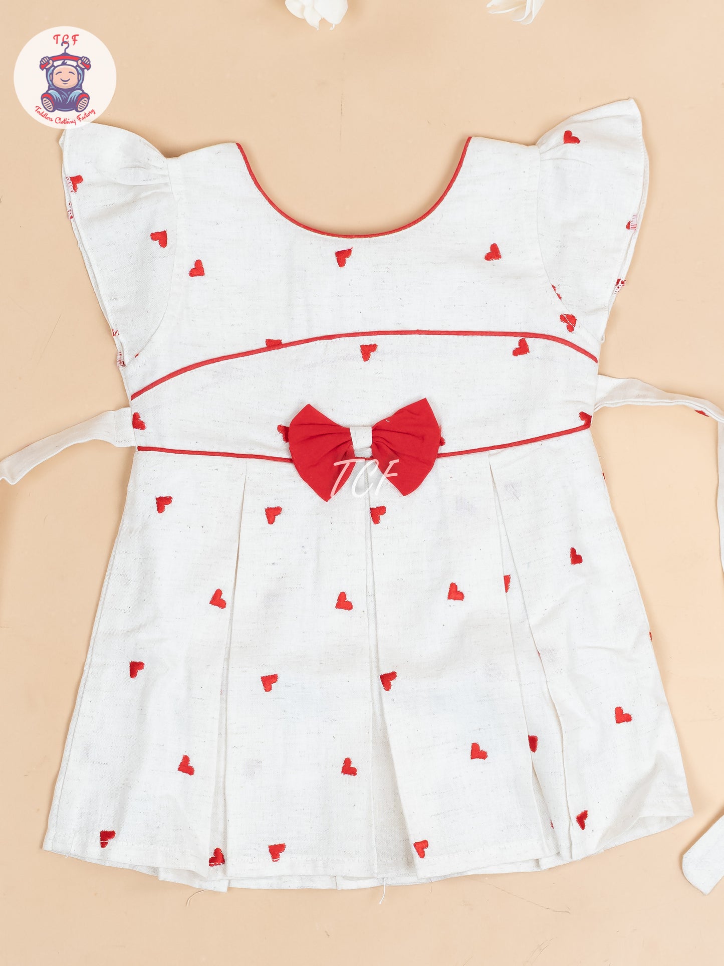 Cream & Red Embroidered - Girls Readymade Cotton Frocks