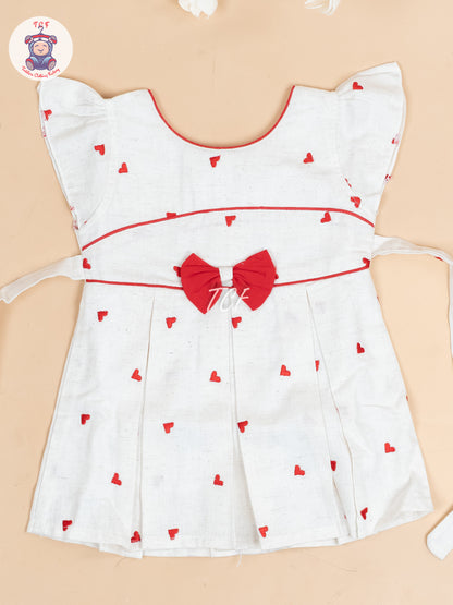 Cream & Red Embroidered - Girls Readymade Cotton Frocks