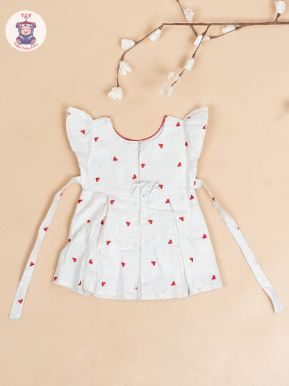 Cream & Red Embroidered - Girls Readymade Cotton Frocks