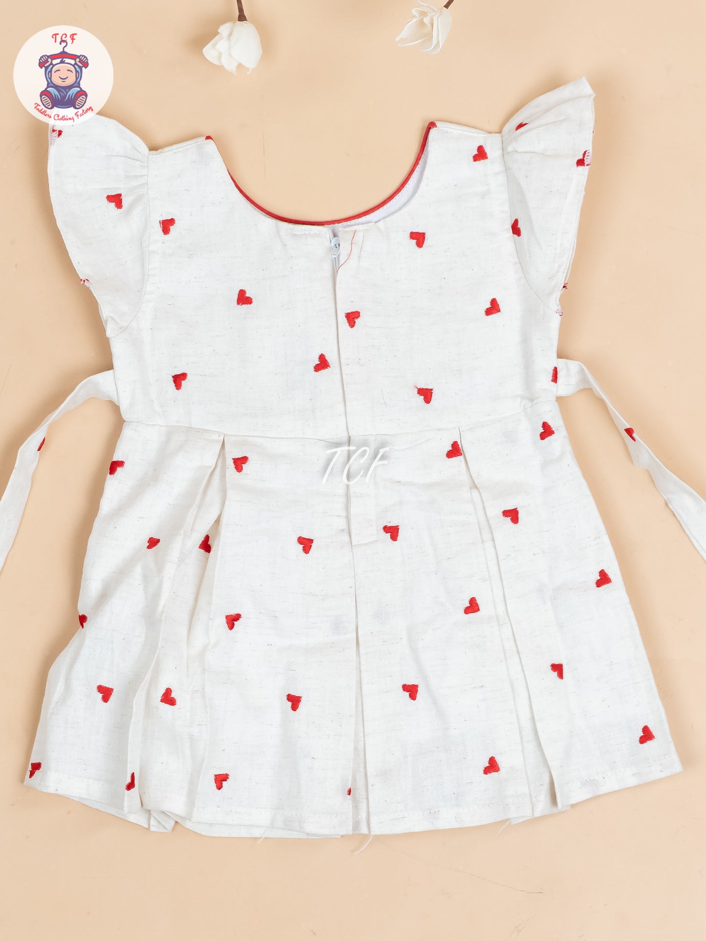 Cream & Red Embroidered - Girls Readymade Cotton Frocks