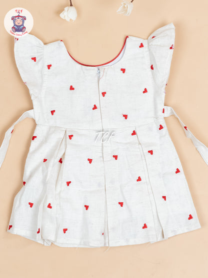 Cream & Red Embroidered - Girls Readymade Cotton Frocks