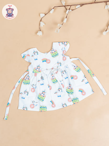 White & Orange Printed - Girls Readymade Cotton Frocks