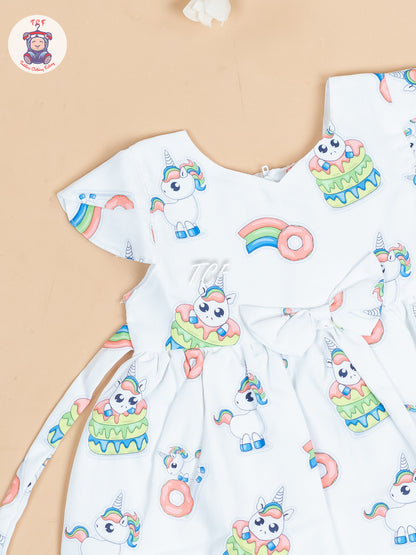 White & Orange Printed - Girls Readymade Cotton Frocks