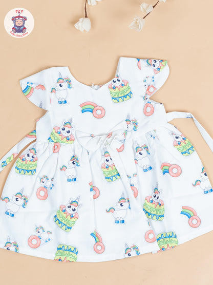 White & Orange Printed - Girls Readymade Cotton Frocks