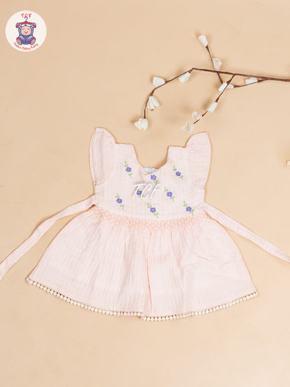 Peach Floral Printed - Girls Readymade Cotton Frocks