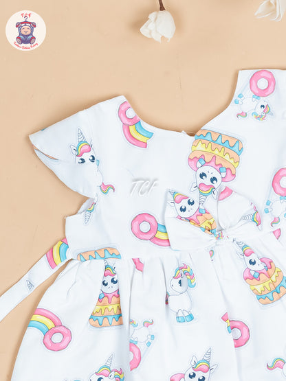 White & Pink Printed - Girls Readymade Cotton Frocks