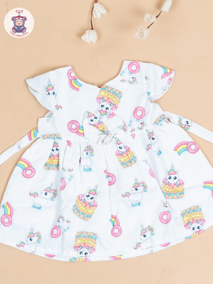 White & Pink Printed - Girls Readymade Cotton Frocks