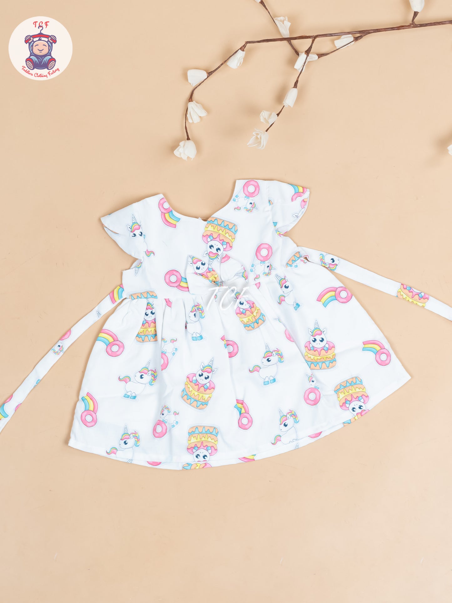 White & Pink Printed - Girls Readymade Cotton Frocks