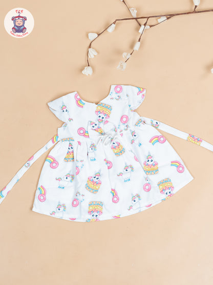 White & Pink Printed - Girls Readymade Cotton Frocks