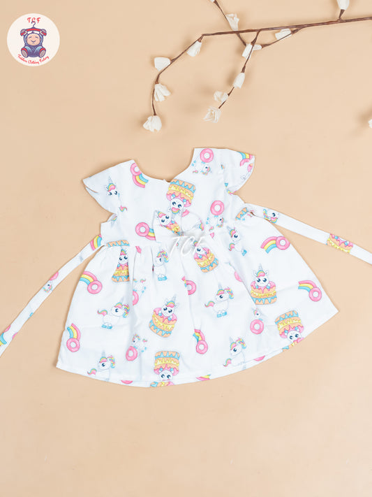 White & Pink Printed - Girls Readymade Cotton Frocks