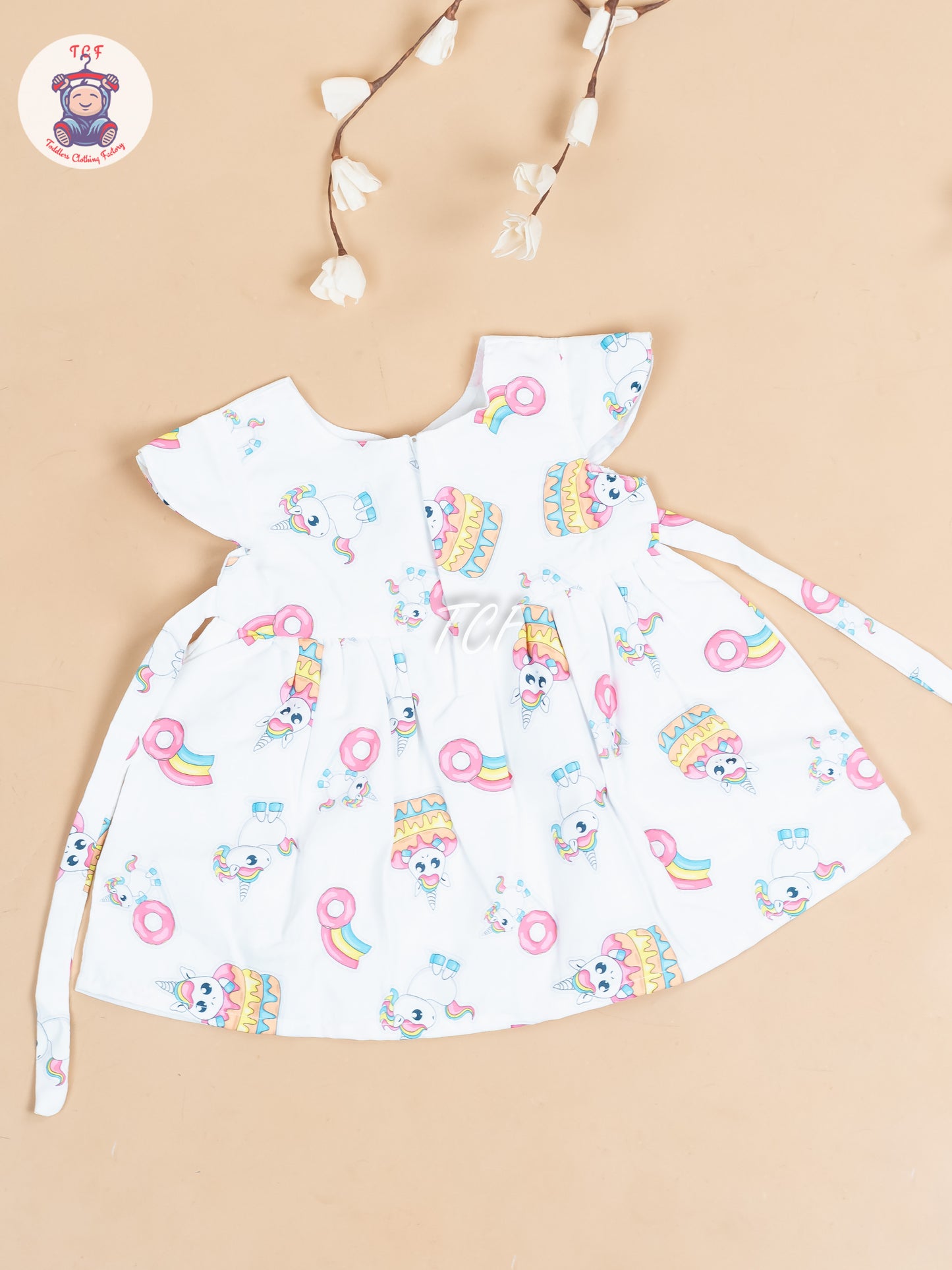 White & Pink Printed - Girls Readymade Cotton Frocks