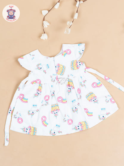 White & Pink Printed - Girls Readymade Cotton Frocks
