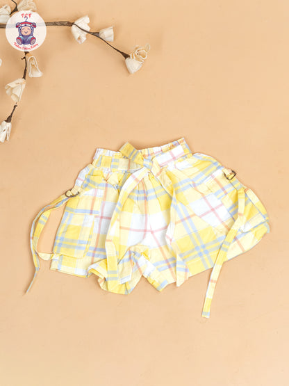 Yellow & Grey  - Girls Checks Printed Crop Top & Shorts With Over Coat