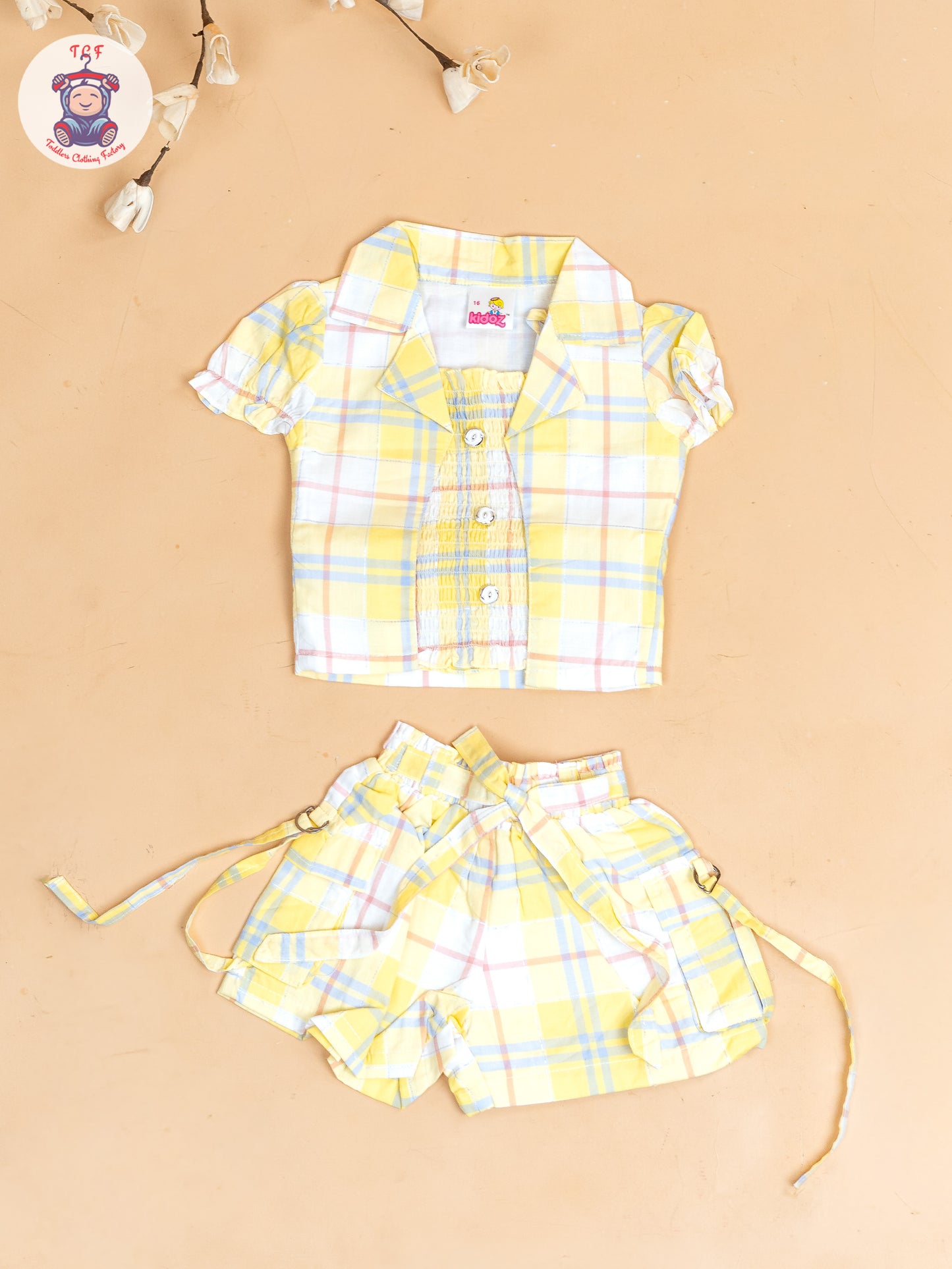 Yellow & Grey  - Girls Checks Printed Crop Top & Shorts With Over Coat