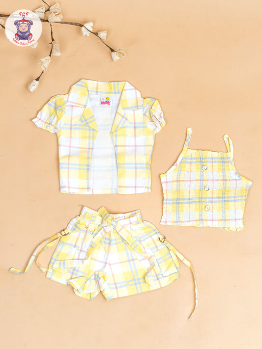 Yellow & Grey  - Girls Checks Printed Crop Top & Shorts With Over Coat