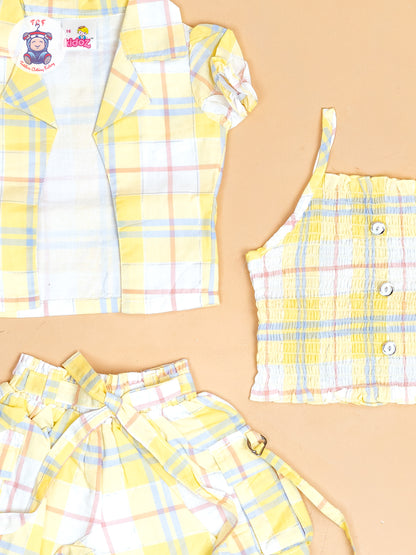 Yellow & Grey  - Girls Checks Printed Crop Top & Shorts With Over Coat