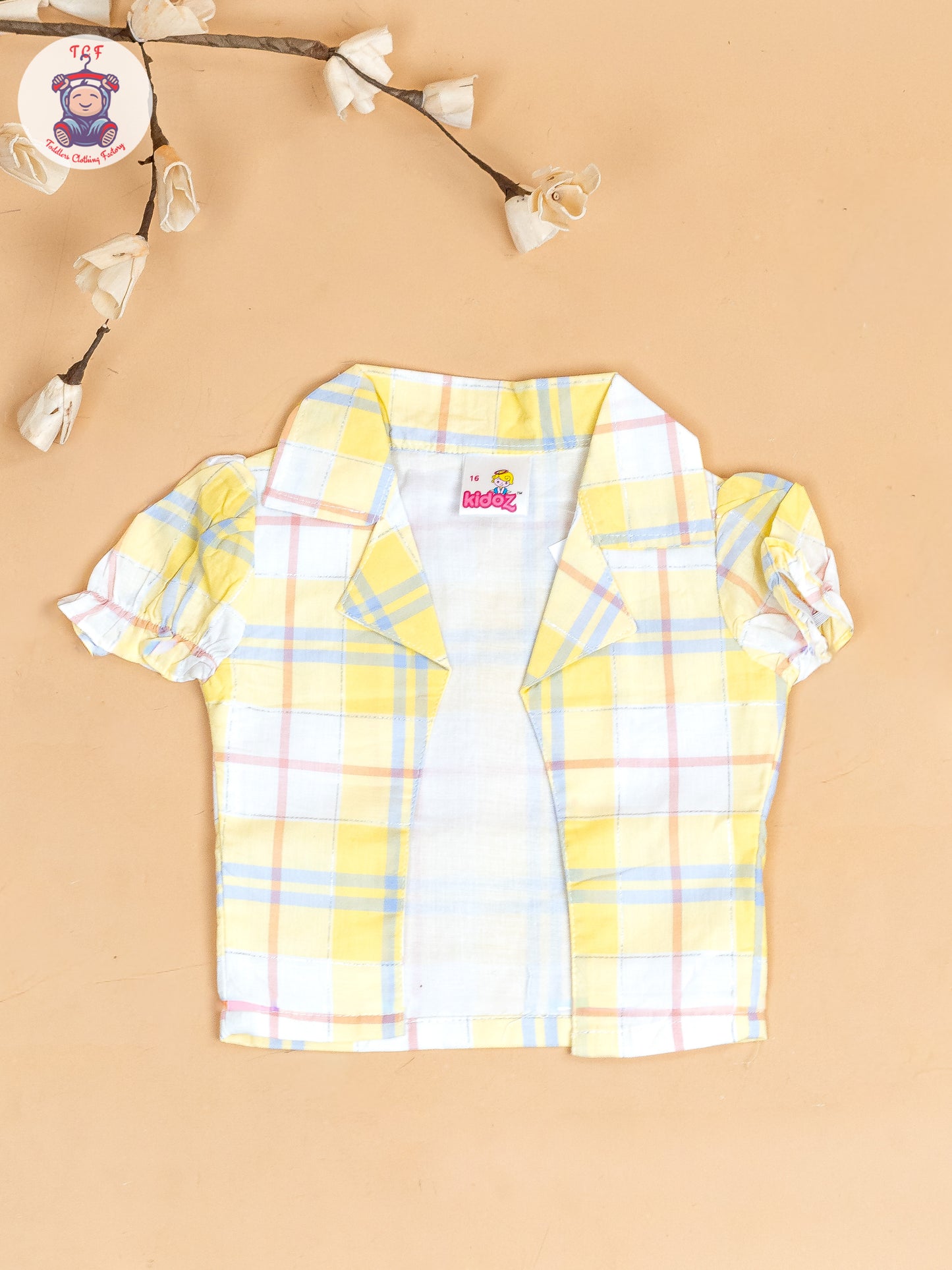 Yellow & Grey  - Girls Checks Printed Crop Top & Shorts With Over Coat