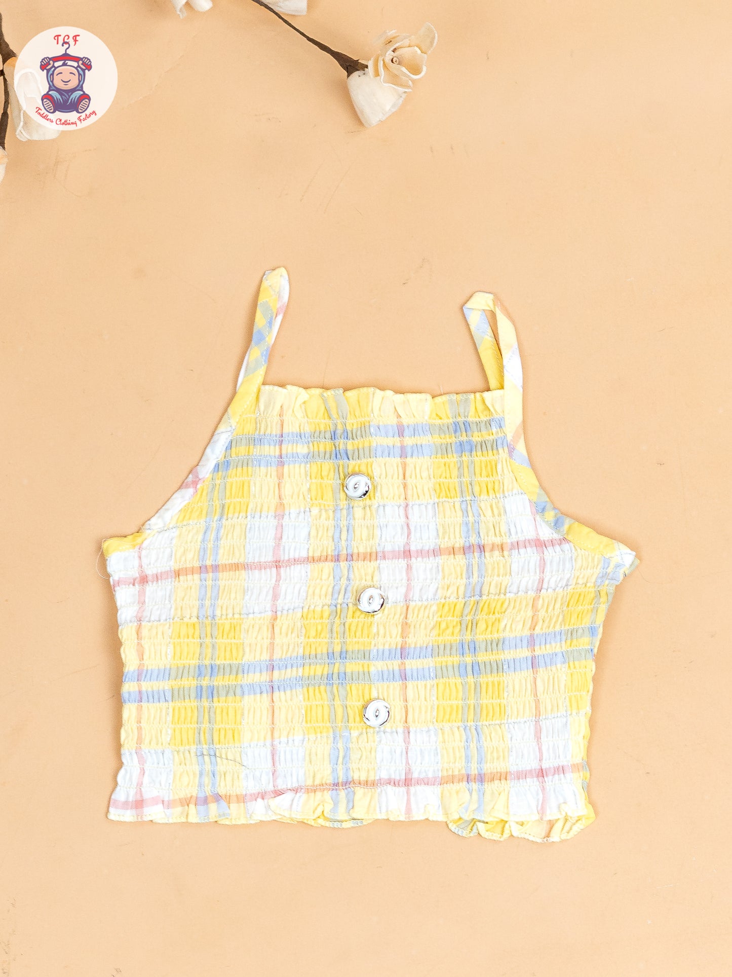 Yellow & Grey  - Girls Checks Printed Crop Top & Shorts With Over Coat