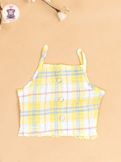 Yellow & Grey  - Girls Checks Printed Crop Top & Shorts With Over Coat