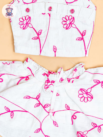 Half White & Pink - Girls Floral Printed Crop Top & Skirt