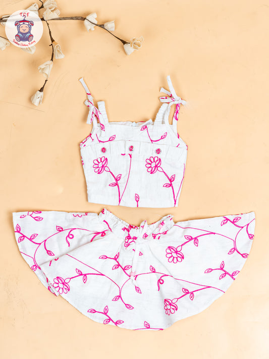 Half White & Pink - Girls Floral Printed Crop Top & Skirt