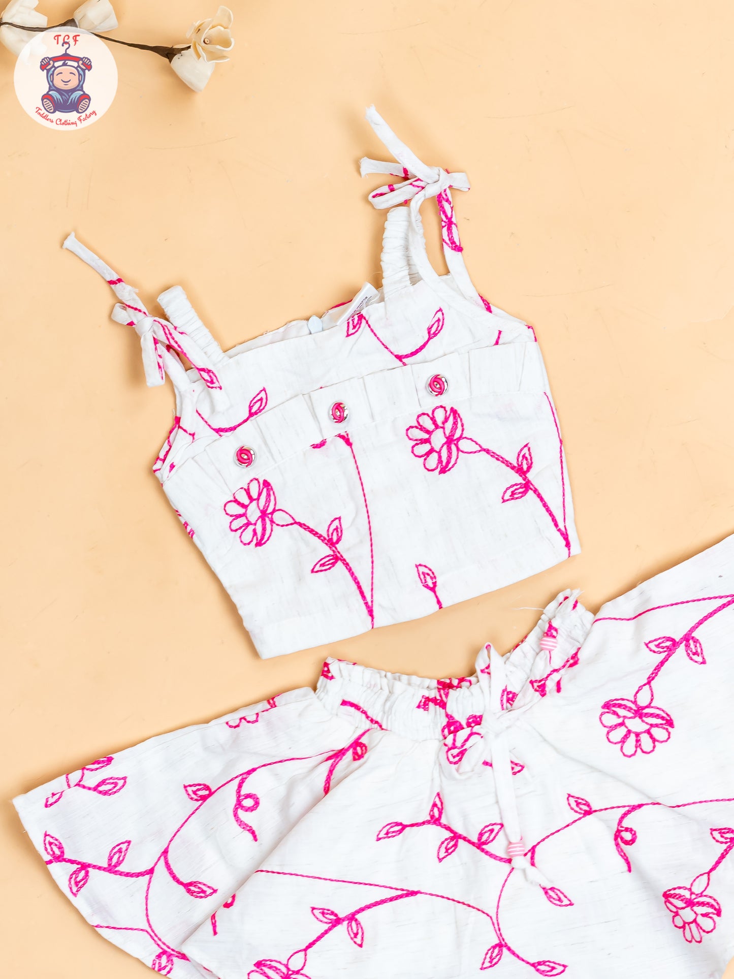 Half White & Pink - Girls Floral Printed Crop Top & Skirt