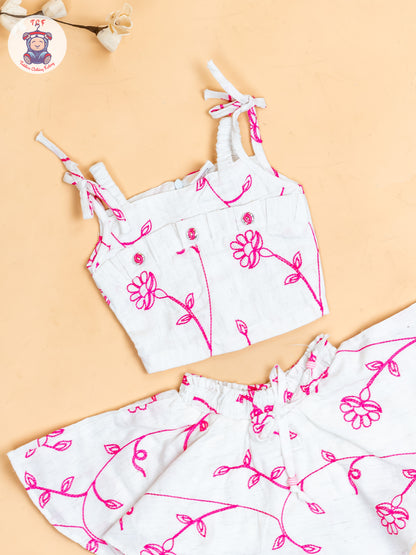 Half White & Pink - Girls Floral Printed Crop Top & Skirt