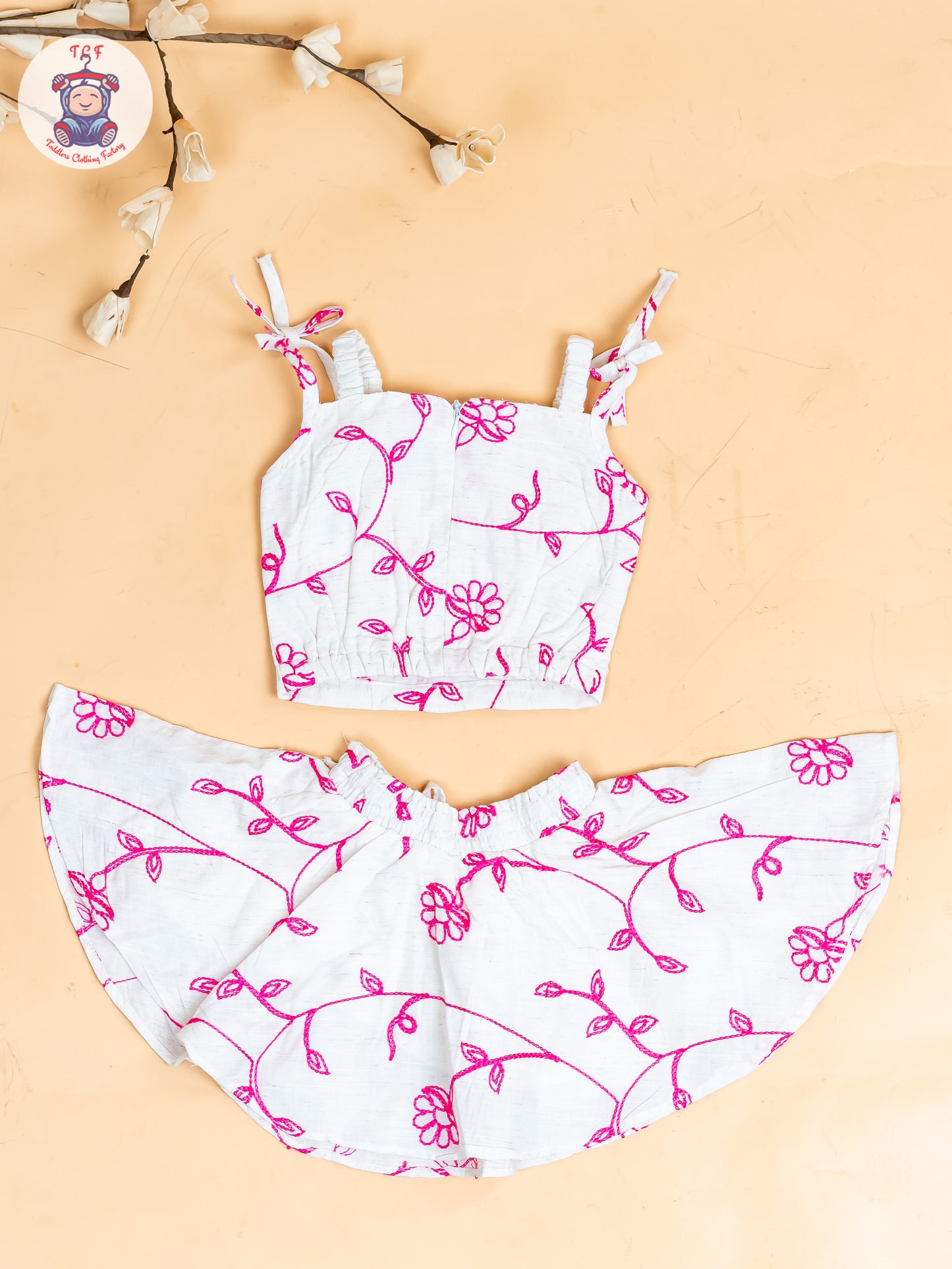 Half White & Pink - Girls Floral Printed Crop Top & Skirt