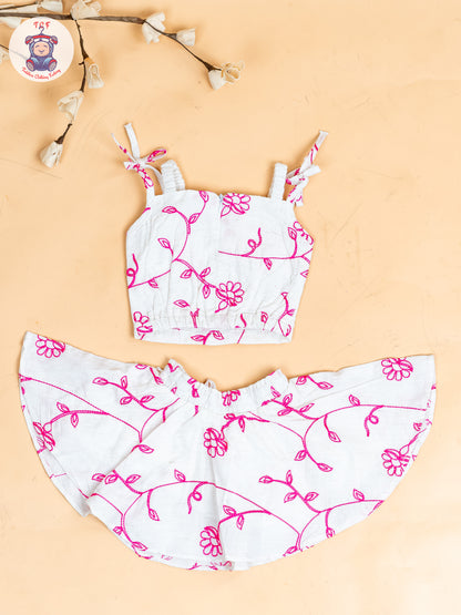 Half White & Pink - Girls Floral Printed Crop Top & Skirt