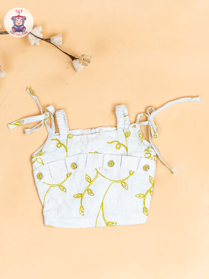 Half White & Green - Girls Floral Printed Crop Top & Skirt