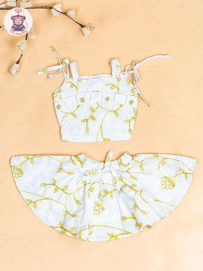 Half White & Green - Girls Floral Printed Crop Top & Skirt