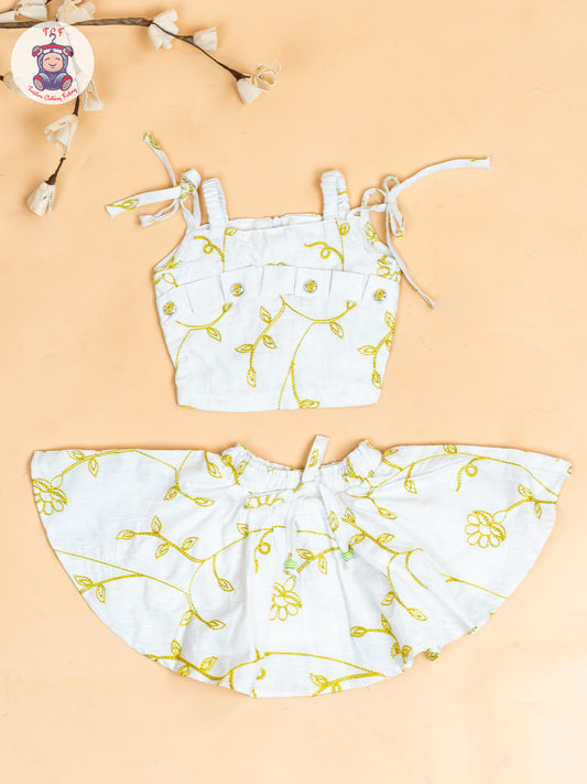 Half White & Green - Girls Floral Printed Crop Top & Skirt