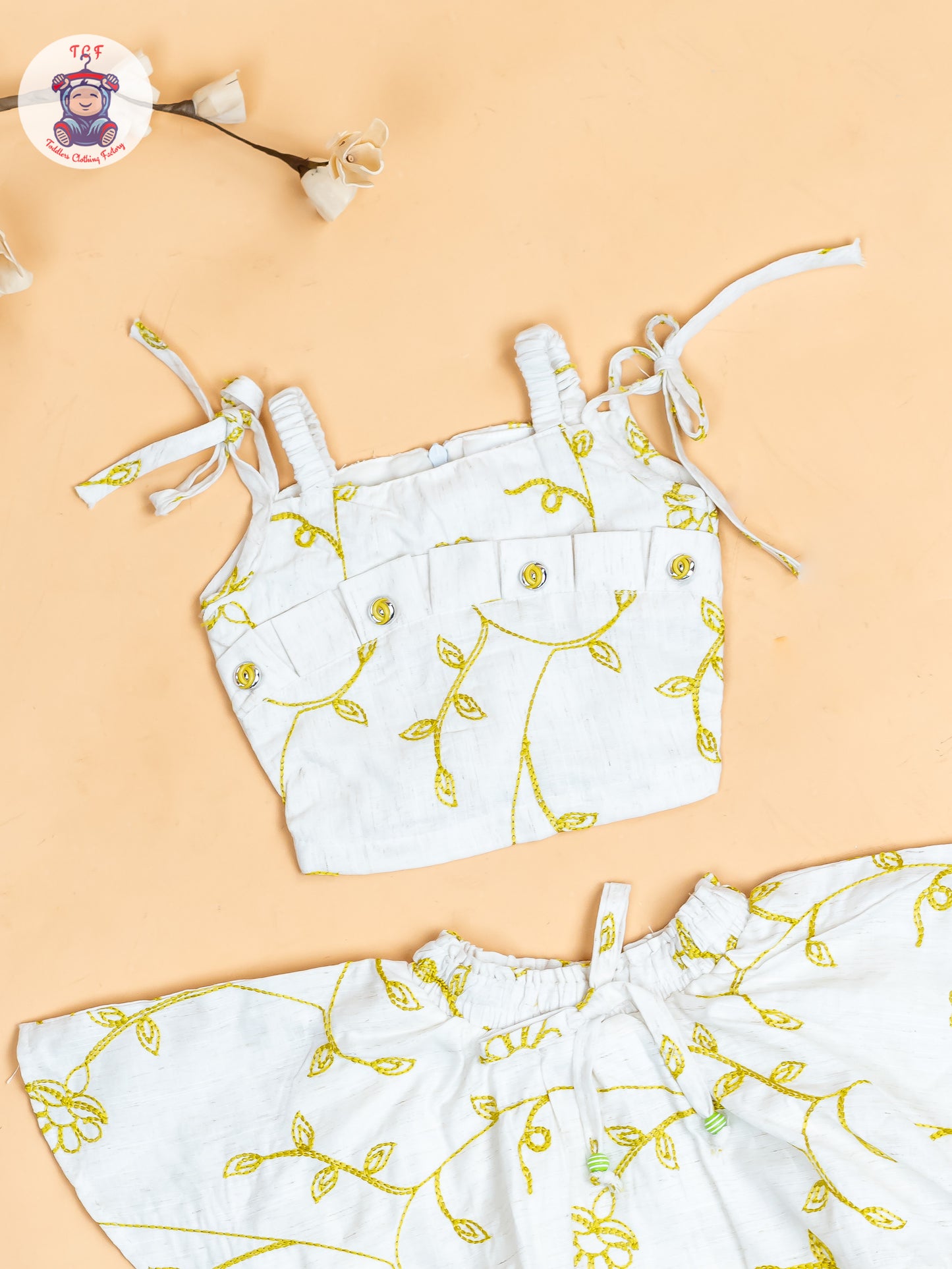 Half White & Green - Girls Floral Printed Crop Top & Skirt